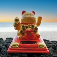 Glückskatze Maneki-Neko Vermögen Solar auf Sockel 8cm Winkekatze Lucky cat