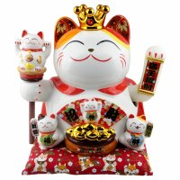 Glückskatze Maneki-neko Winkekatze Krone Porzellan...