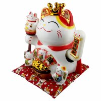 Glückskatze Maneki-neko Winkekatze Krone Porzellan...