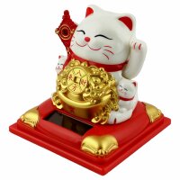 Glückskatze Maneki-Neko Knoten weiß Solar auf Sockel 8cm Winkekatze Lucky cat