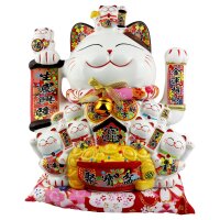 Lucky cat Maneki-neko waving cat family porcelain 30cm white waving cat