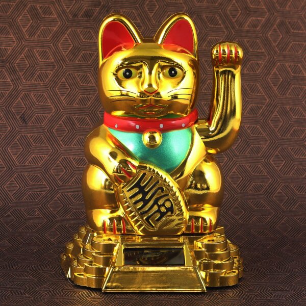 Glückskatze Winkekatze Solar 8cm gold Maneki Neko winkende Katze  Glücksbringer